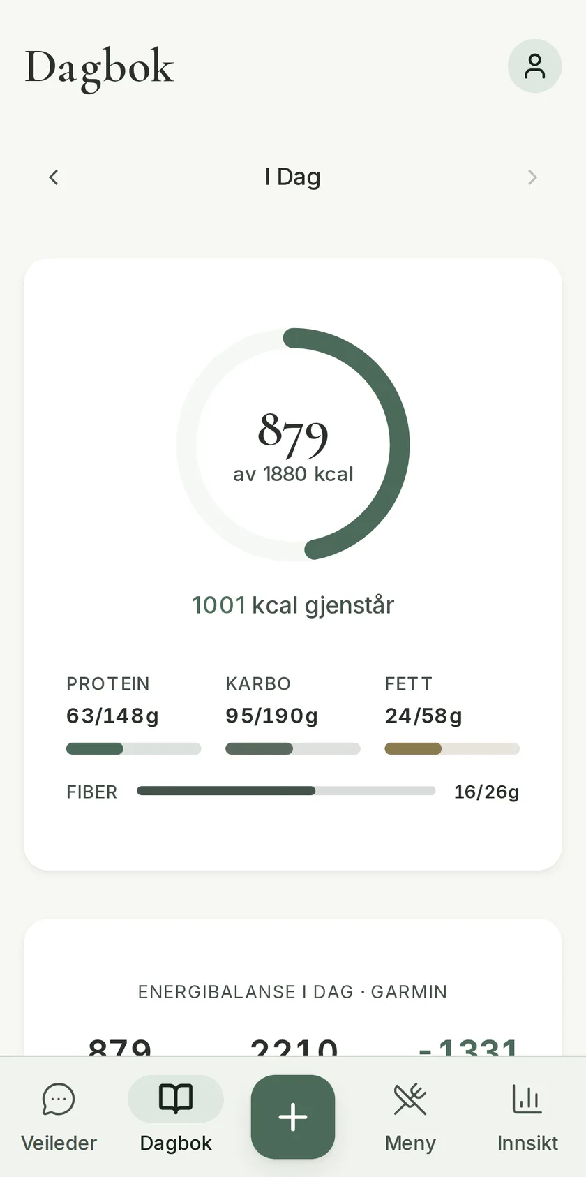 Dagboka med kaloriring — 879 av 1880 kcal — og egne barer for protein, karbo, fett og fiber