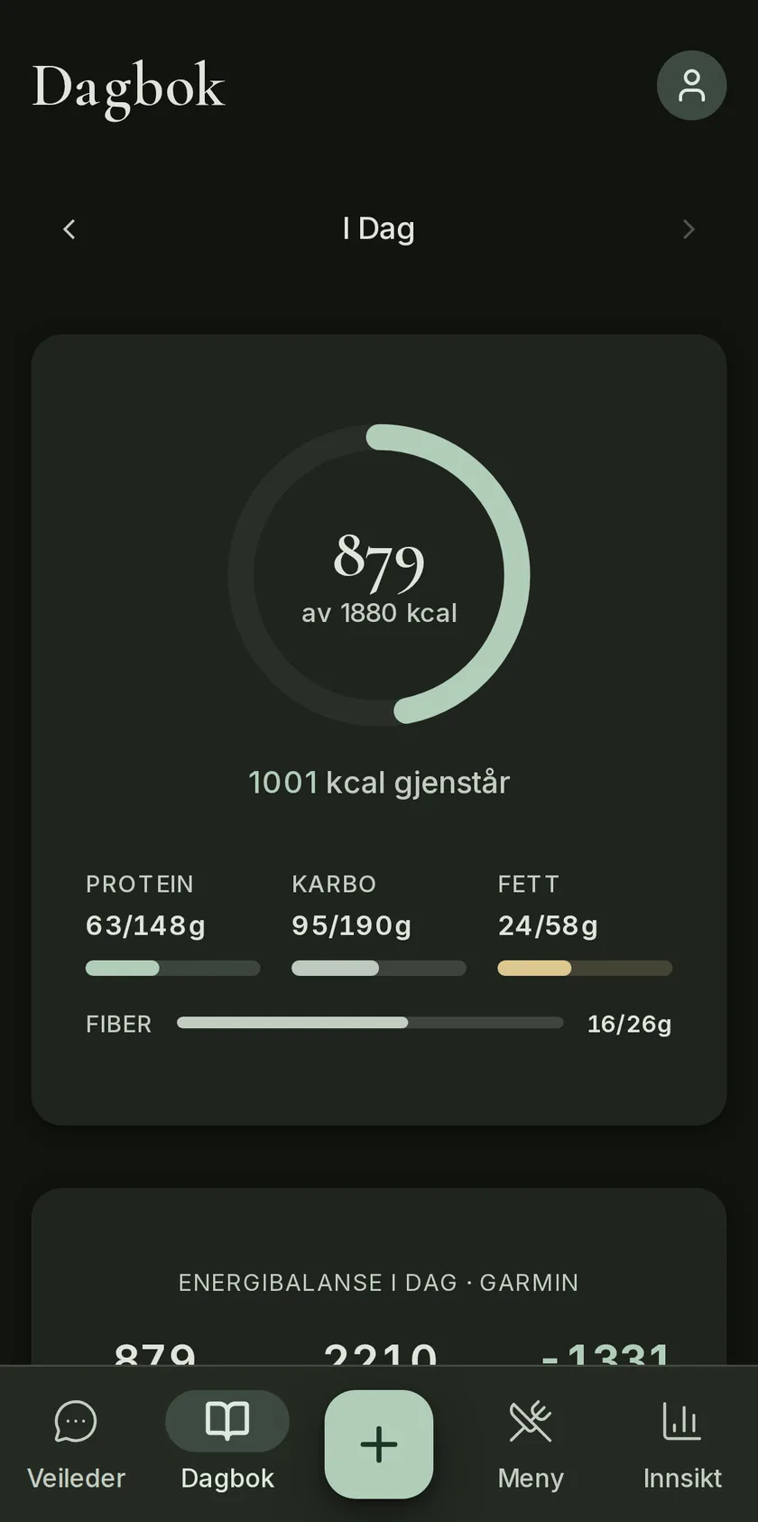 Dagboka med kaloriring — 879 av 1880 kcal — og egne barer for protein, karbo, fett og fiber