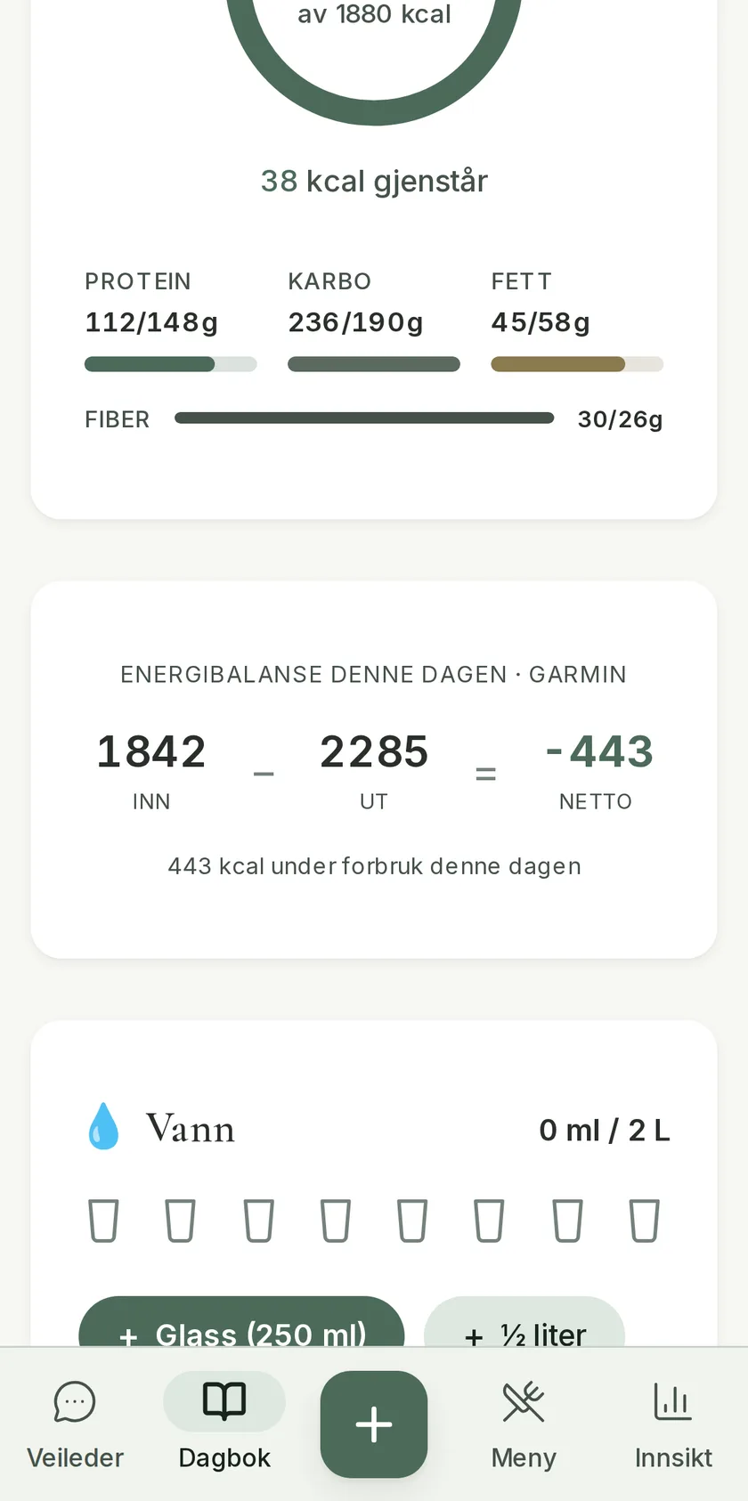 Energibalanse fra Garmin i dagboka: 1842 kcal inn, 2285 ut, netto −443 denne dagen