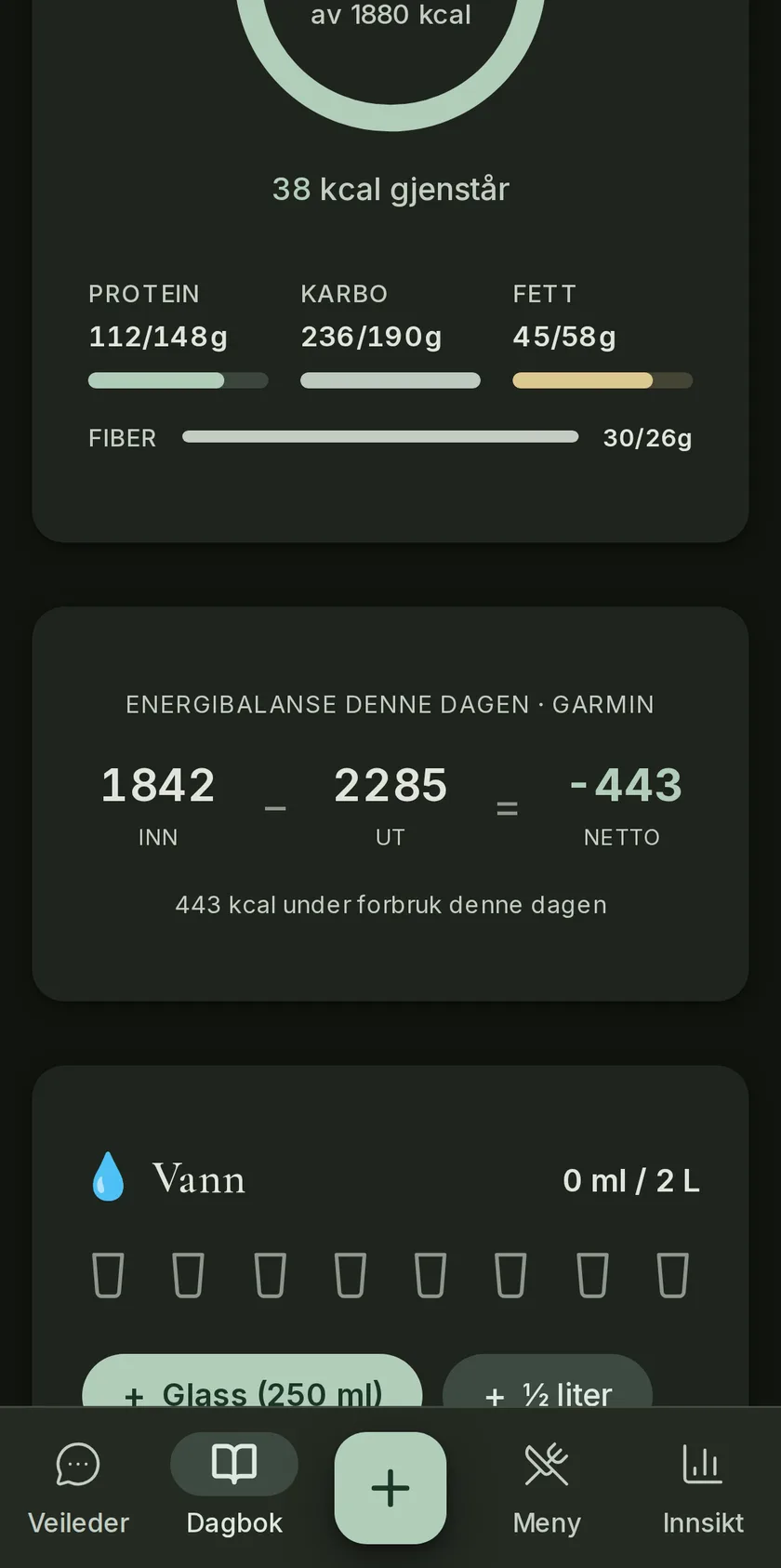 Energibalanse fra Garmin i dagboka: 1842 kcal inn, 2285 ut, netto −443 denne dagen