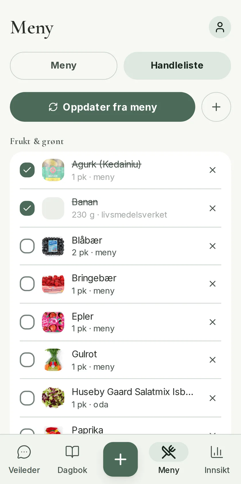 Produktkoblet handleliste i Fylgje, gruppert som i butikken, med avkryssbare varer og produktbilder