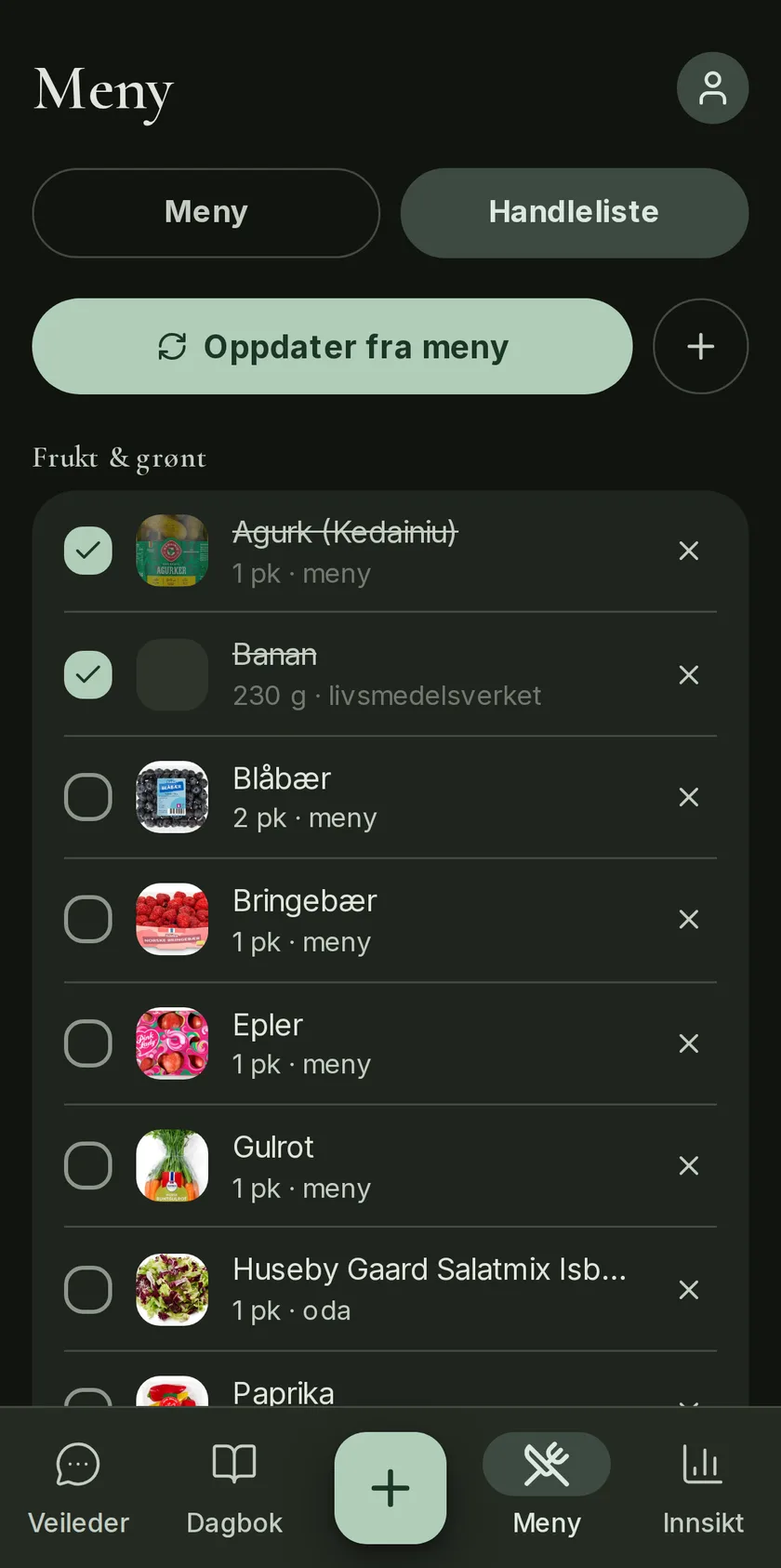 Produktkoblet handleliste i Fylgje, gruppert som i butikken, med avkryssbare varer og produktbilder