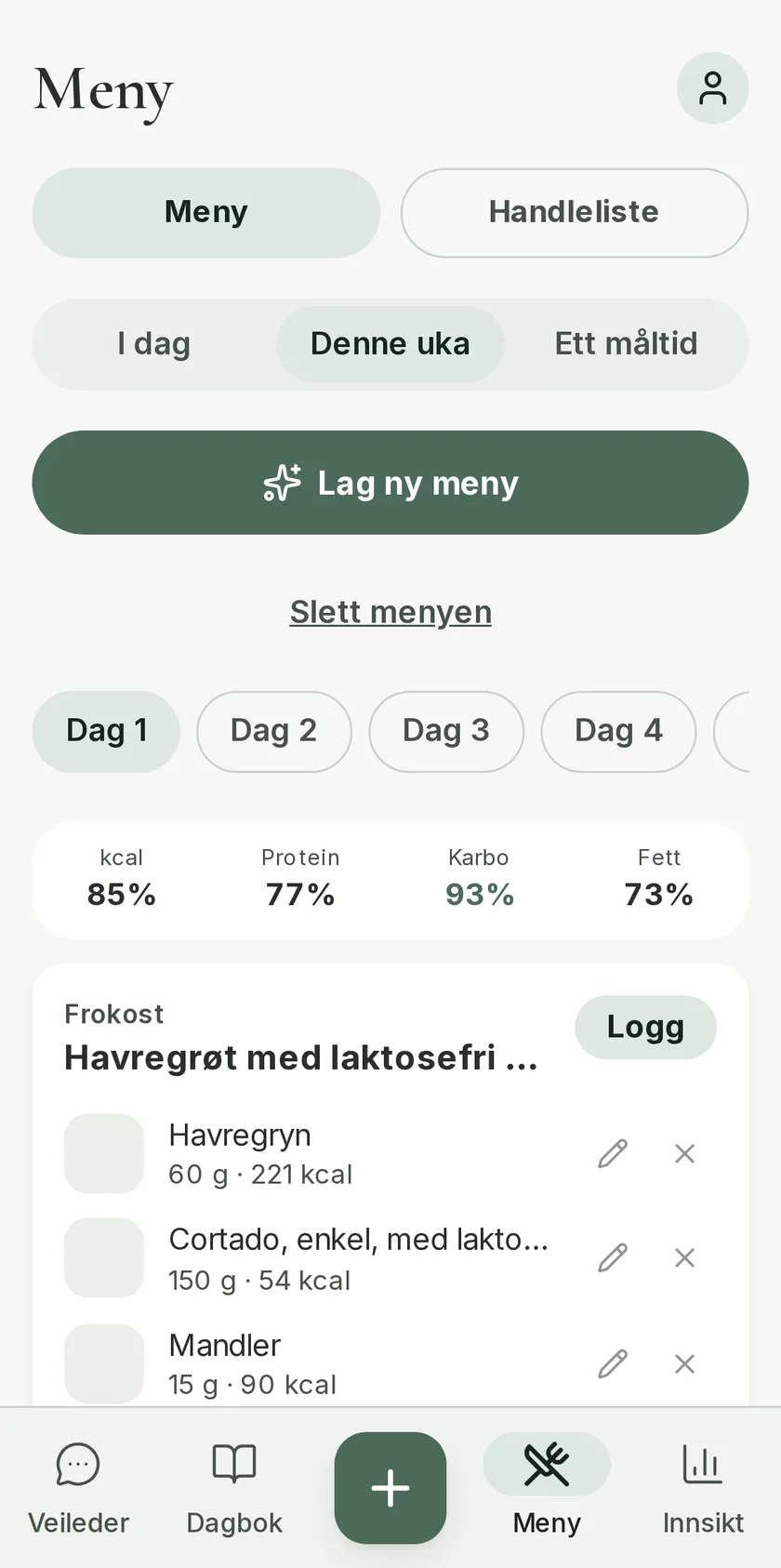 AI-generert ukemeny i Fylgje: dag for dag med treffprosent mot kalori- og proteinbudsjettet