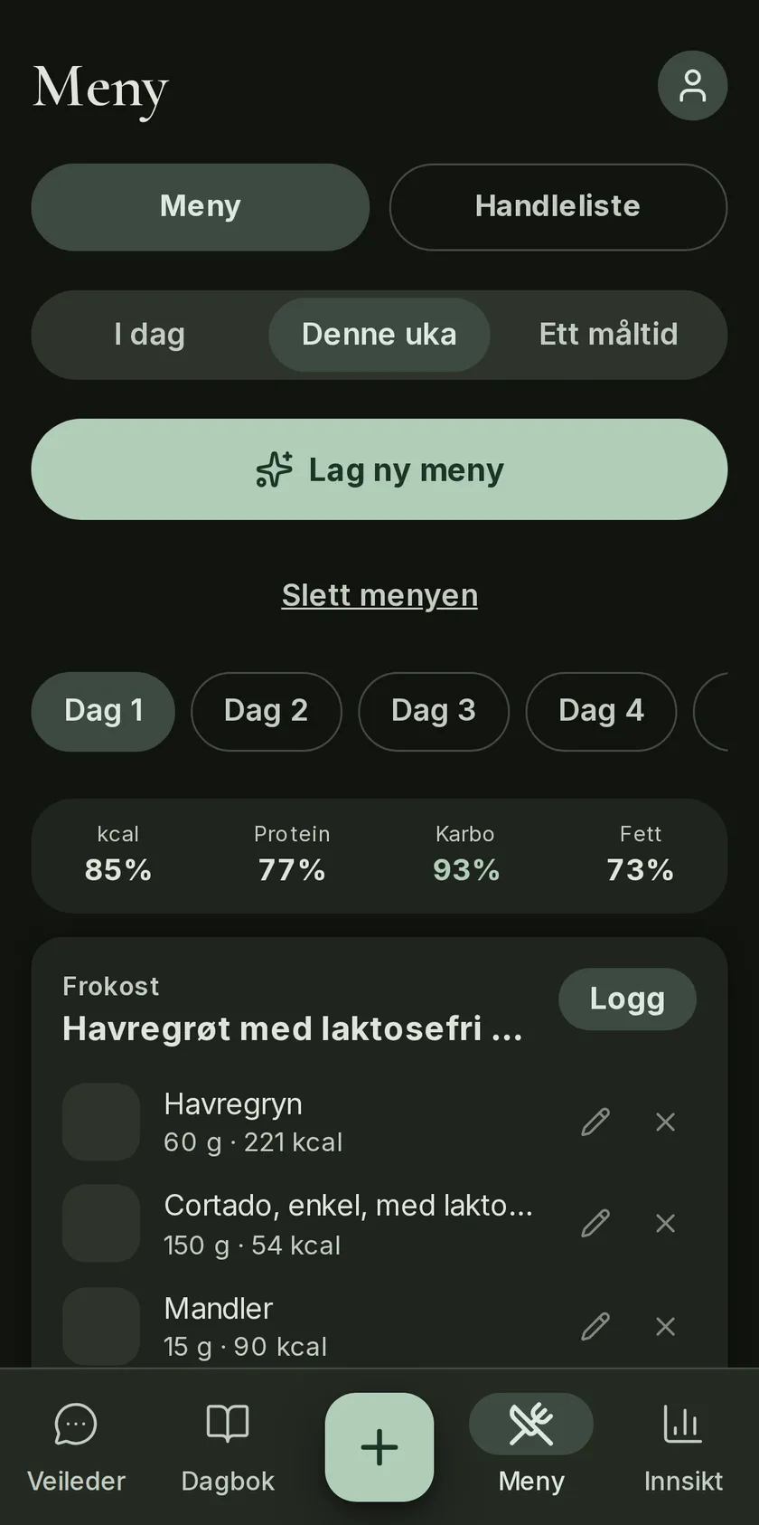 AI-generert ukemeny i Fylgje: dag for dag med treffprosent mot kalori- og proteinbudsjettet